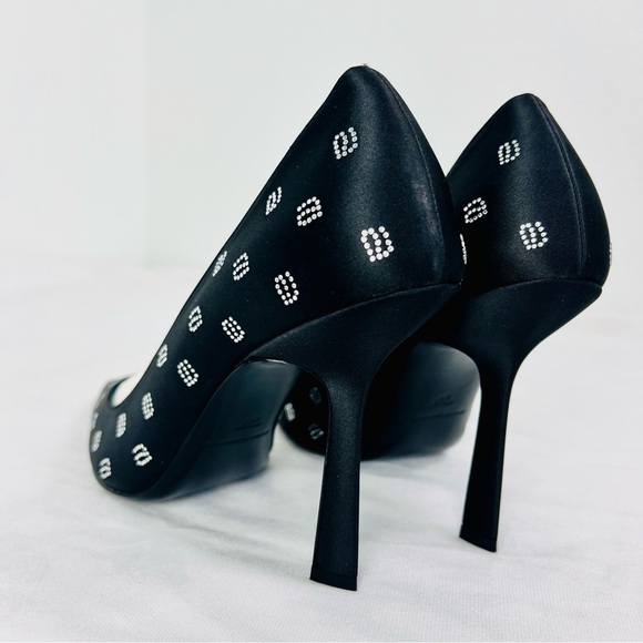Alexander Wang Delphine Black Satin Crystal Logo Stiletto Pumps Heels 4” 39.5 - Picture 6 of 16